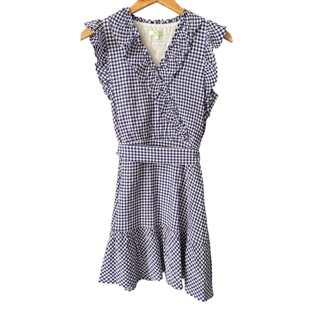 Jade Womens Navy Country Gingham Ruffle Mini Dress Size XS Checkered Preppy